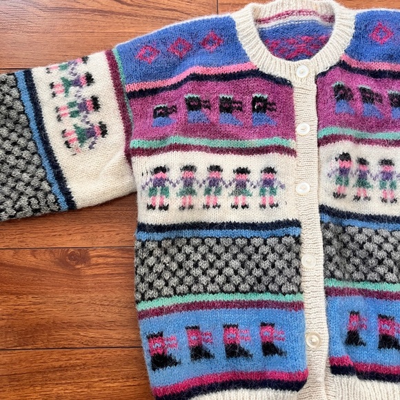 Vintage Handmade in Peru Wool Colorful Patterned Cardigan Sweater - Picture 2 of 9